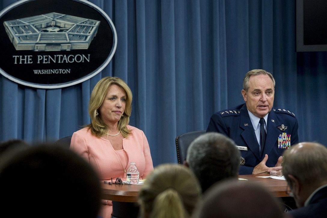 Air Force Secretary Deborah Lee James and Air Force Chief of Staff Gen. Mark A. Welsh III brief reporters on the state of the Air Force during a press conference at the Pentagon, Aug. 24, 2015. DoD photo by U.S. Air Force Master Sgt. Adrian Cadiz