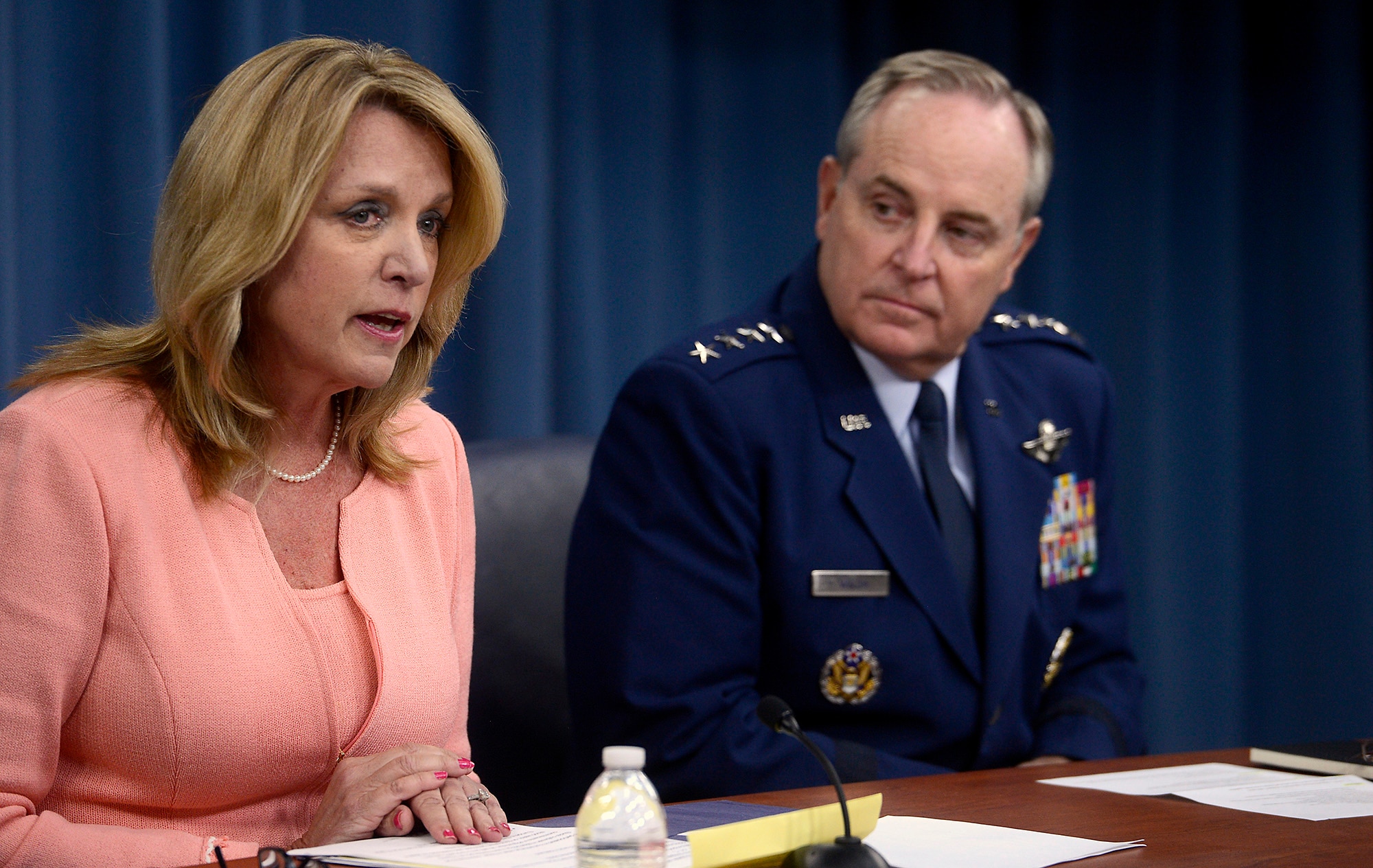 Secretary of the Air Force Deborah Lee James provides an update with Air Force Chief of Staff Gen. Mark A. Welsh III on current Air Force operations during a press briefing in the Pentagon, Aug. 24, 2015.  (U.S. Air Force photo/Scott M. Ash)