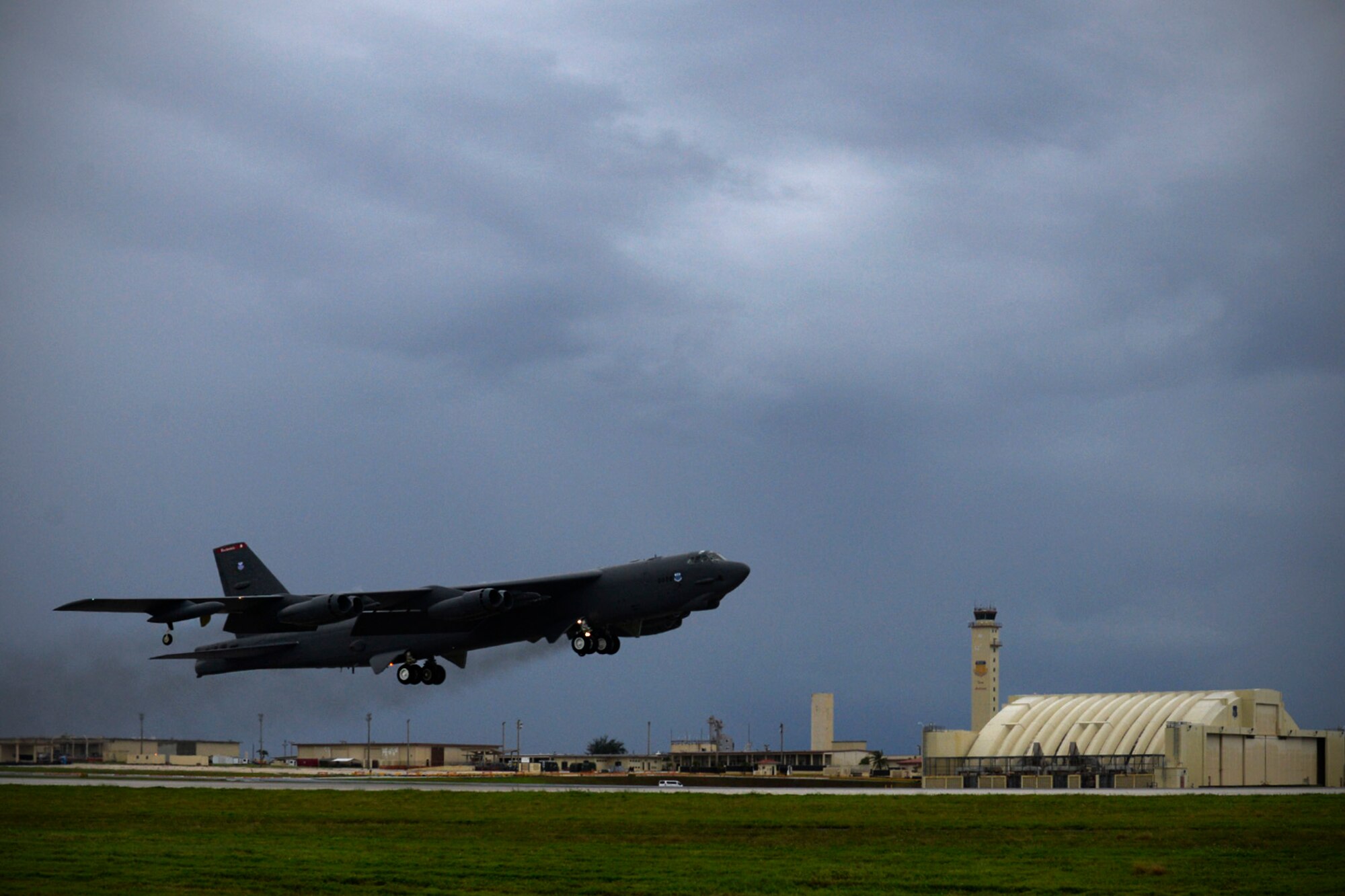 A U.S. Air Force B-52 Stratofortress assigned to the 20th Expeditionary Bomb Squadron takes off on the flightline Aug. 22, 2015, at Andersen Air Force Base, Guam. Bomber crews with the 20th EBS from Barksdale Air Force Base, Louisiana, are part of U.S. Pacific Command’s continuous bomber presence and support ongoing operations in the Indo-Asia-Pacific region. (U.S. Air Force photo by Staff Sgt. Alexander W. Riedel/Released)