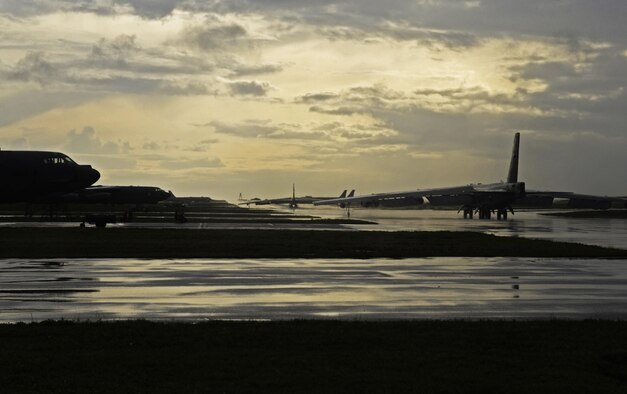 Two U.S. Air Force B-52 Stratofortresses assigned to the 20th Expeditionary Bomb Squadron from Barksdale Air Force Base, Louisiana, taxi on the flightline Aug. 22, 2015, at Andersen Air Force Base, Guam. Bomber crews with the 20th EBS are part of U.S. Pacific Command’s continuous bomber presence and support ongoing operations in the Indo-Asia-Pacific region. (U.S. Air Force photo by Staff Sgt. Alexander W. Riedel/Released)