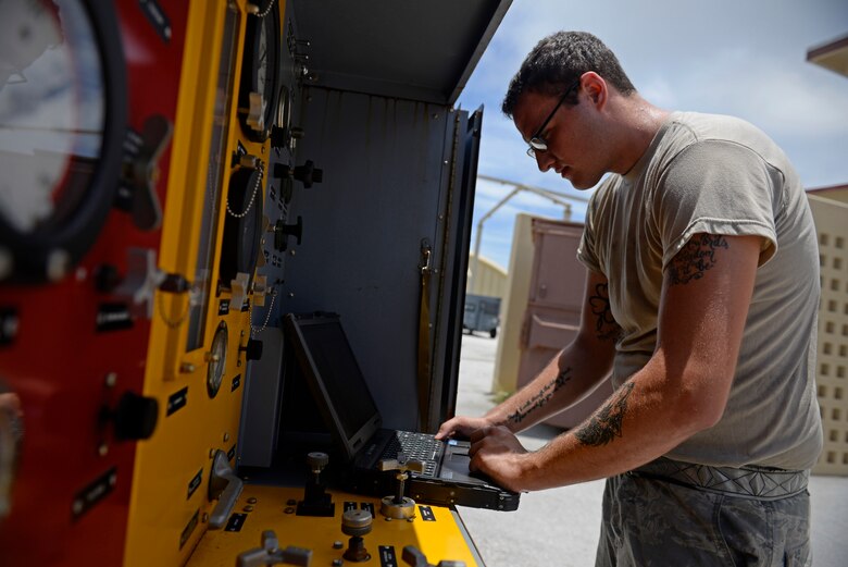 Senior Airman Matthew Platz, aerospace ground equipment journeyman and deployed member of the 36th Maintenance Squadron, references technical orders while working on a defunct hydraulics pressure pump Aug. 12, 2015, at Andersen Air Force Base, Guam. The maintainers care for a variety of essential equipment used during maintenance and preflight operations. (U.S. Air Force photo by Staff Sgt. Alexander W. Riedel/Released) 