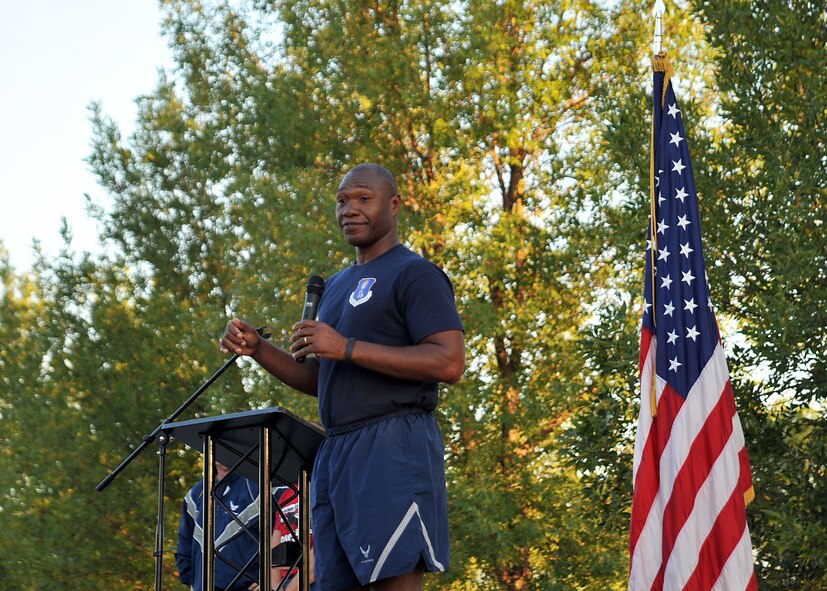 Col. Rodney Lewis, 319th Air Base Wing commander, delivers opening remarks before the 2015 Summer Bash on Grand Forks Air Force Base, North Dakota, Aug. 20, 2015. Summer Bash is an annual event designed to boost Airmen’s morale and espirit de corps. (U.S. Air Force photo by Airman 1st Class Bonnie Grantham/released)