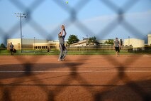 Joel Craig, 22nd Aircraft Maintenance Squadron, catches a pop-fly, Aug. 18, 2015, at McConnell Air Force Base, Kan. The 22nd AMXS led the 22nd Civil Engineer Squadron 16-8 at the end of the seventh inning. (U.S. Air Force photos by Airman1st Class Christopher Thornbury)