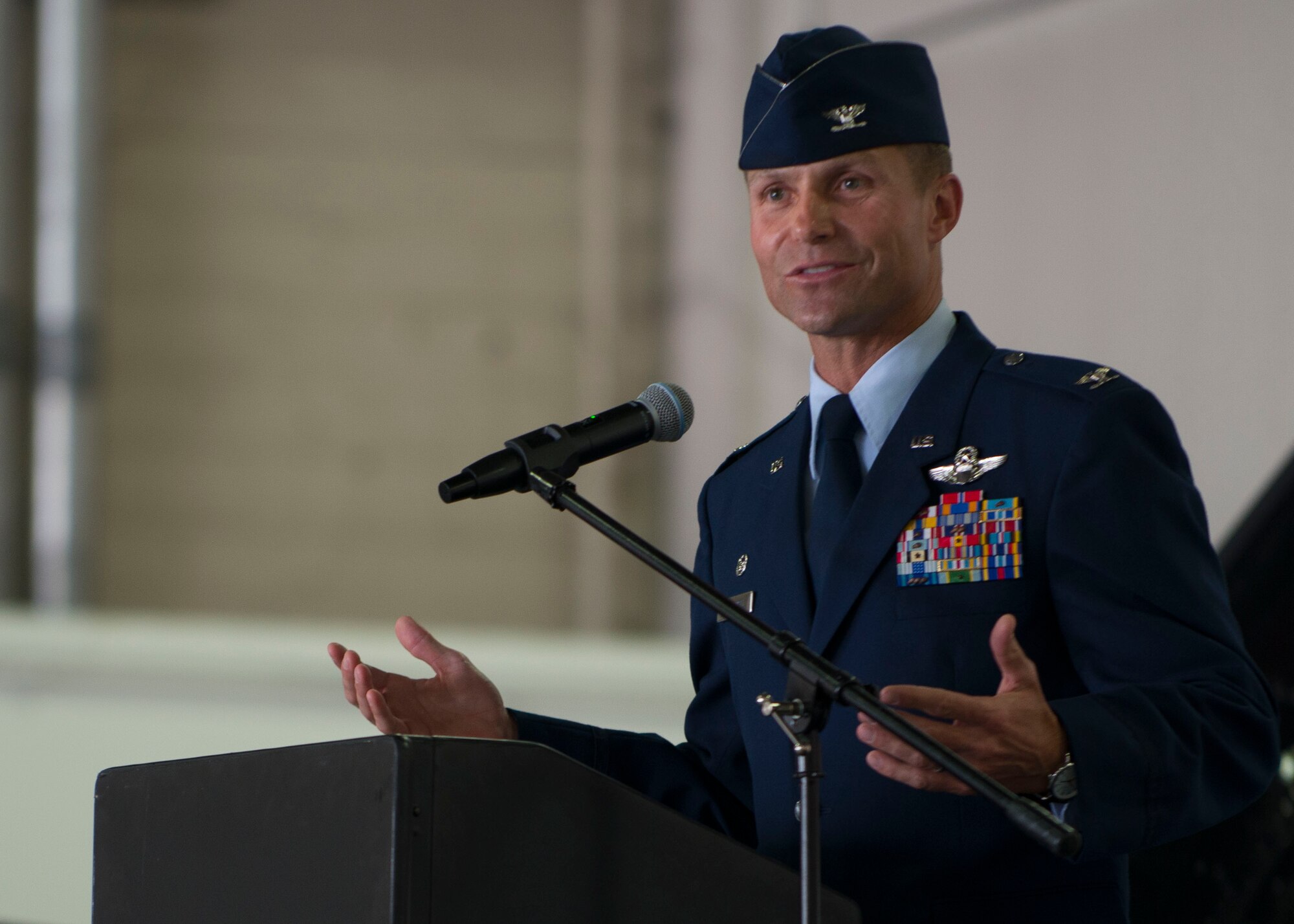 U.S. Air Force Col. Larry Broadwell, 1st Operations Group commander, speaks during the 71st Fighter Squadron reactivation ceremony at Langley Air Force Base, Va., Aug. 21, 2015. The 71st FS, now designated the 71st Fighter Training Squadron, will conduct adversarial air support, or “red air,” for 1st Fighter Wing F-22 Raptor pilots and leverage its 17 T-38 Talon aircraft to provide realistic training scenarios. (U.S. Air Force photo by Staff Sgt. John D. Strong II/Released)