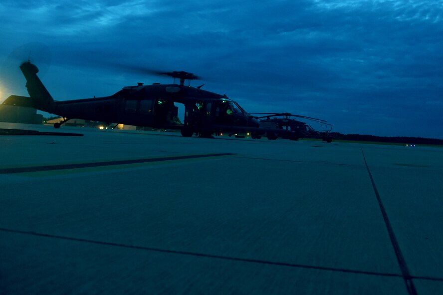 An HH-60G Pave Hawk prepares for takeoff Aug. 19, 2015, at Moody Air Force Base, Ga. After the Pave Hawk’s flight, the 41st Helicopter Maintenance Unit crew chiefs worked overnight to ready the aircraft for flight the following day. (U.S. Air Force photo by Airman 1st Class Dillian Bamman/Released)