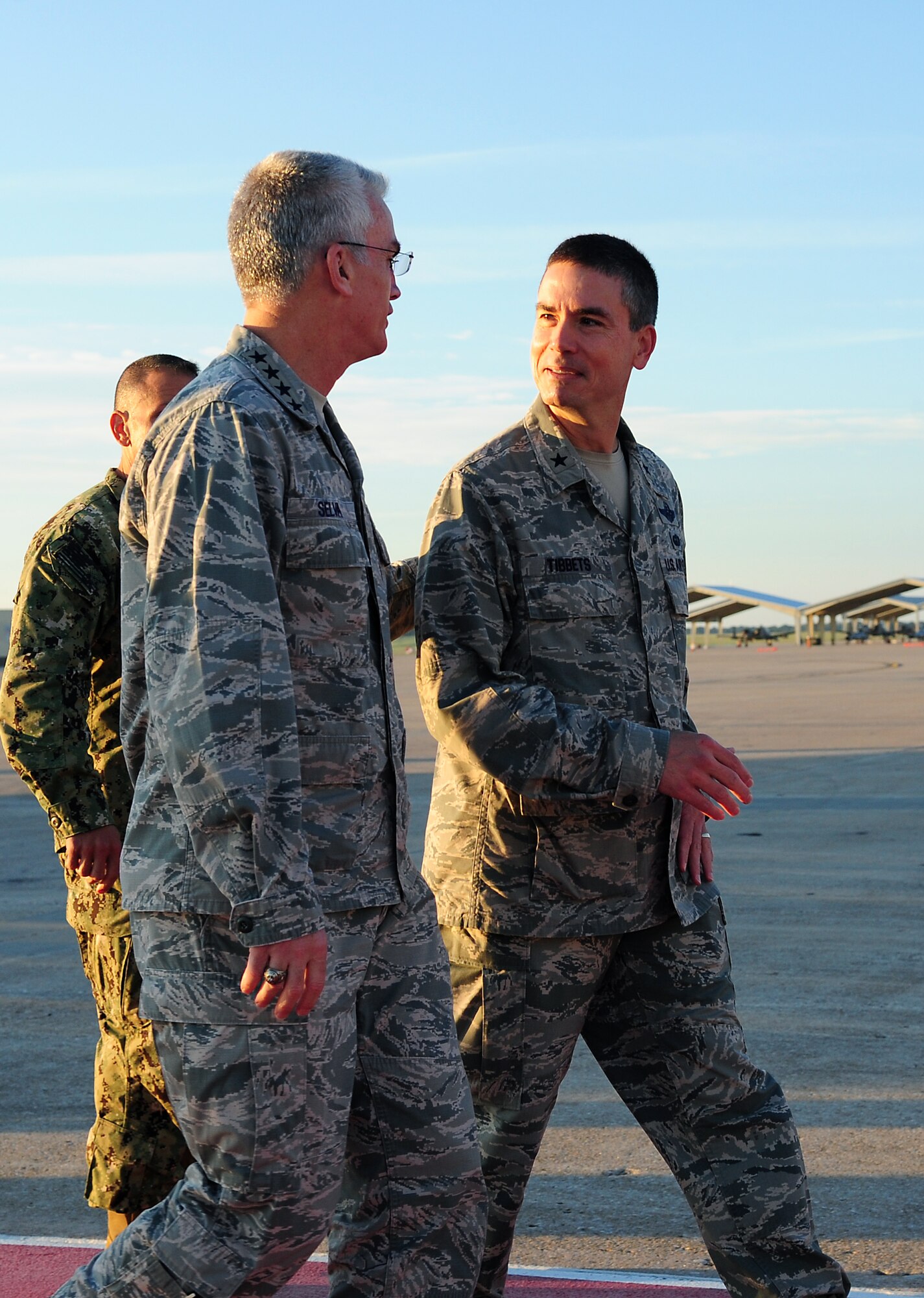 Gen. Paul J. Selva, 10th Vice Chairman of the Joint Chiefs of Staff, is greeted by Brig. Gen. Paul W. Tibbets IV, 509th Bomb Wing commander, Aug. 21, 2015 at Whiteman Air Force Base, Mo. Whiteman was among the first stops for Selva as he visits all three legs of the nuclear triad. (U.S. Air Force photo by Senior Airman Joel Pfiester/Released)