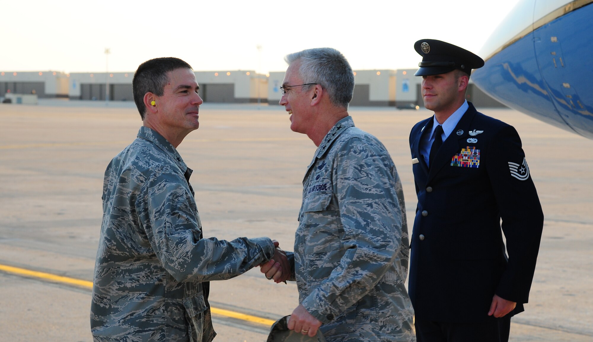 Brig. Gen. Paul W. Tibbets IV, 509th Bomb Wing commander, greets Gen. Paul J. Selva, 10th Vice Chairman of the Joint Chiefs of Staff, Aug. 21, 2015 at Whiteman Air Force Base, Mo. Selva is the nation’s second highest-ranking military officer. (U.S. Air Force photo by Senior Airman Joel Pfiester/Released)
