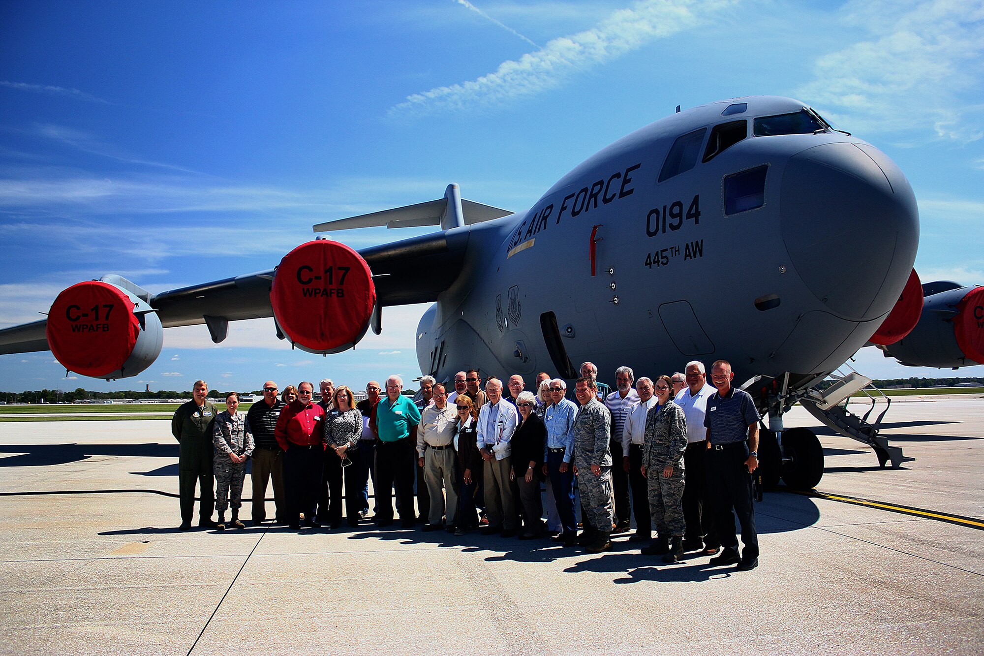 WRIGHT-PATTERSON AFB, Ohio – Civic leaders from the Dyess Air Force Base, Texas area pose for a group photo in front of a 445th Airlift Wing C–17 Globemaster III during their visit here Aug. 21, 2015. The civic leader group made a stop at Wright-Patterson AFB to tour the base and the National Museum of the U.S. Air Force during their visit here Aug. 20-21. The civic leader program is designed to showcase the important work citizen airmen and the Air Force Reserve do for our nation. (U.S. Air Force photo/Tech. Sgt. Patrick O’Reilly)