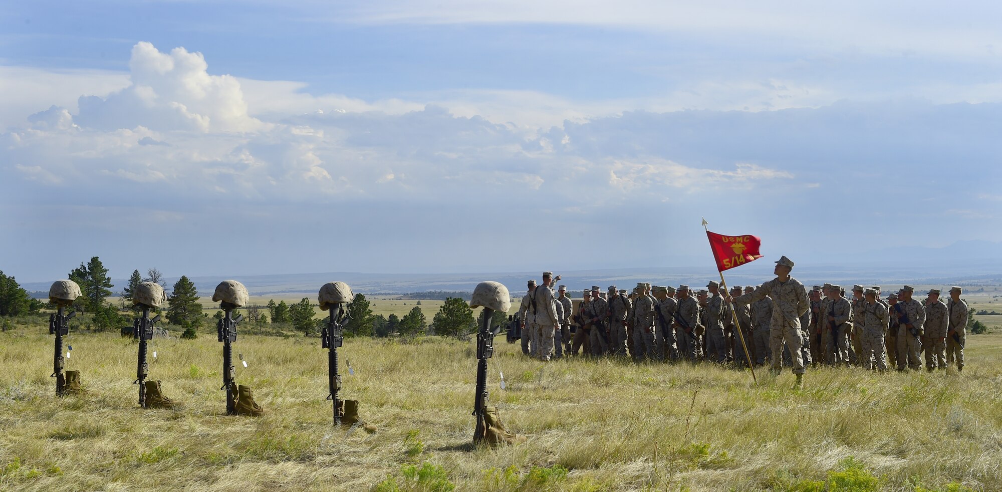 Marines from Quebec Battery, 5th Battalion 14 Marines, honor the five fallen service members of Chattanooga, Tennessee, on Aug. 15, 2015, in Guernsey, Wyoming. The Marines took time to recognize the sacrifices their brothers make and remember those who have fallen in the line of duty. (U.S. Air Force photo by Airman 1st Class Luke W. Nowakowski/Released)