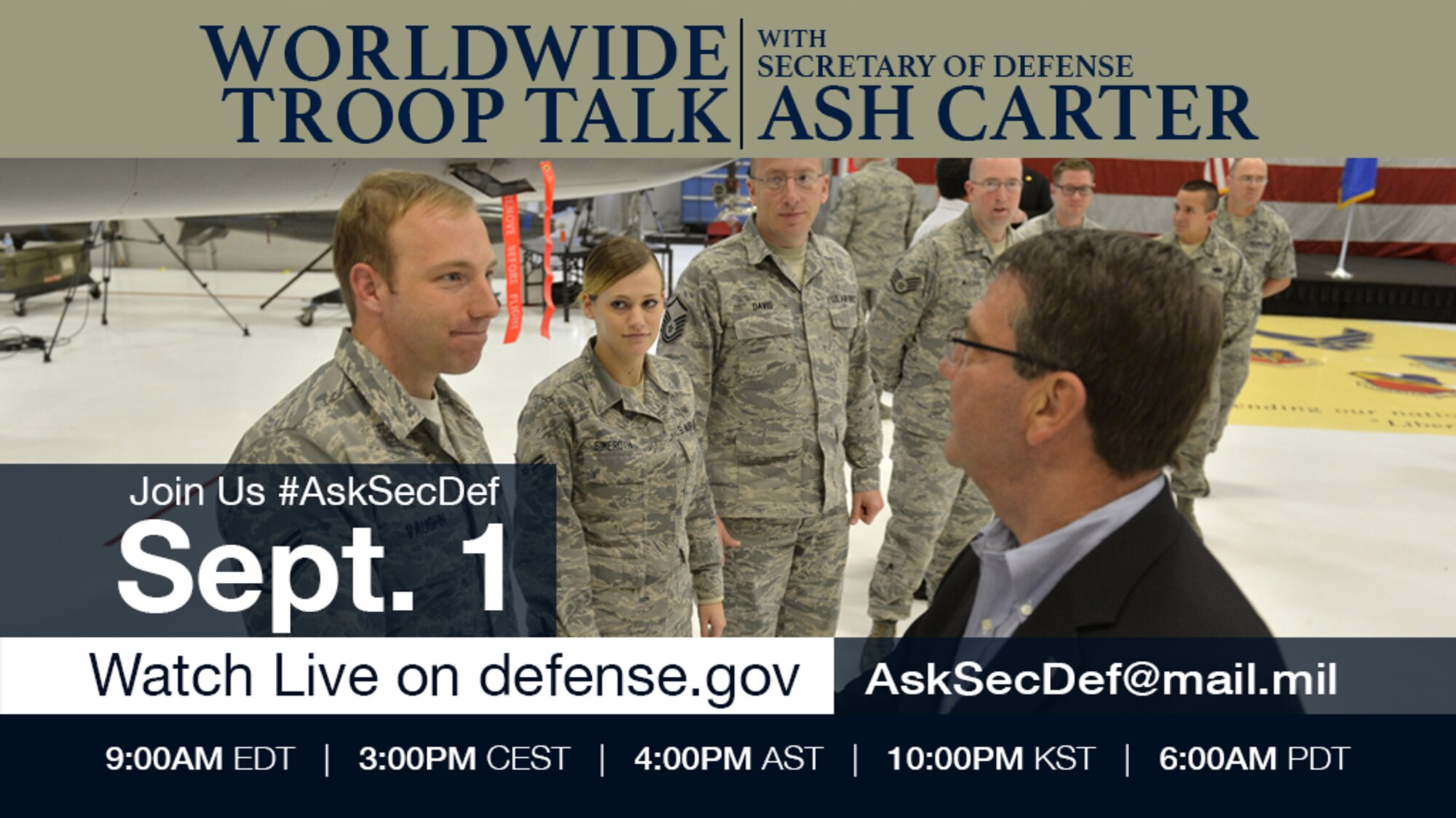 The secretary of defense will host a worldwide Troop Talk event 9 a.m. (ET) Sept. 1, 2015. (Defense Department graphic)