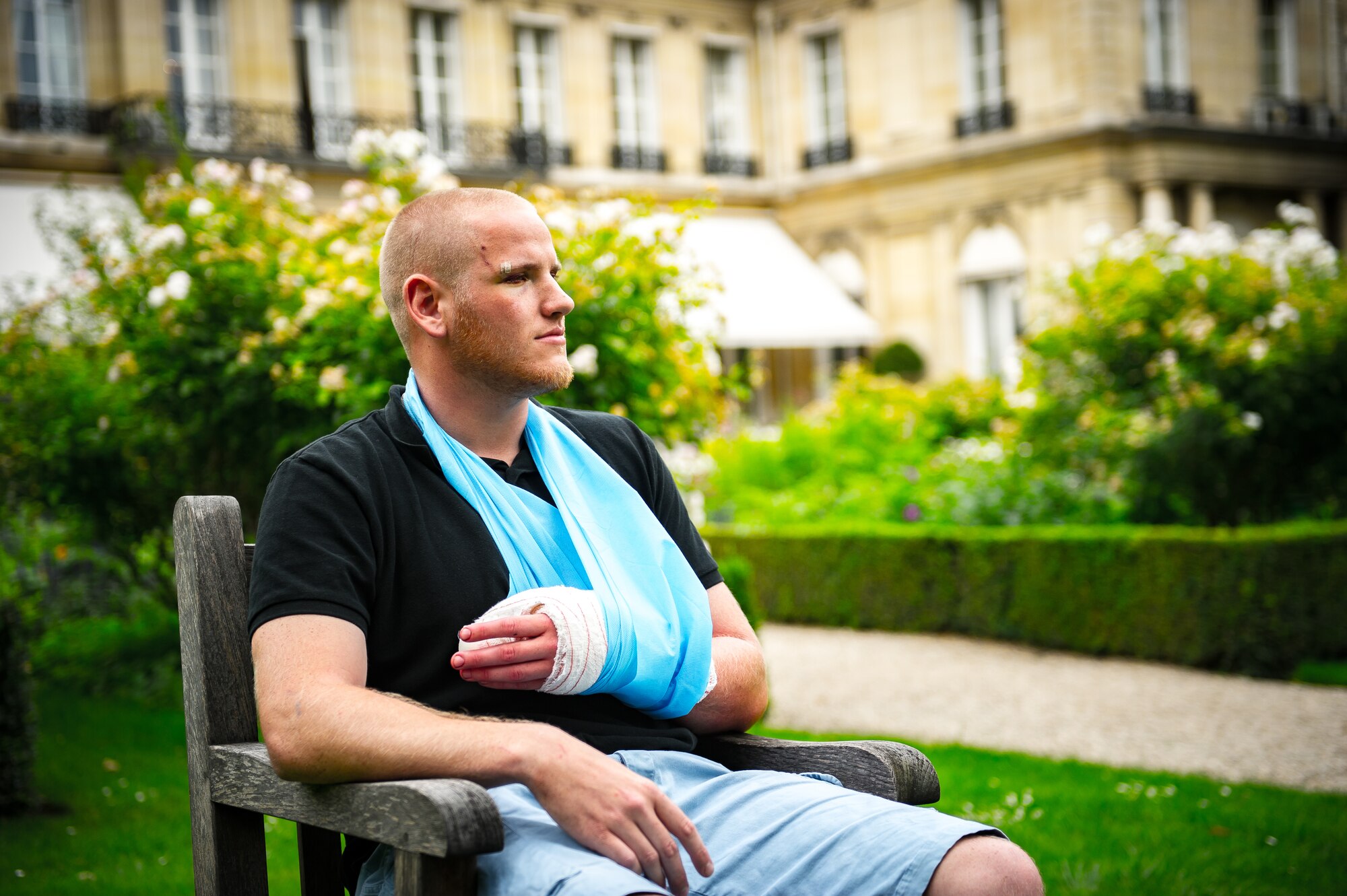 U.S. Airman 1st Class Spencer Stone is interviewed in Paris Aug. 23, 2015, following a foiled attack on a French train. Stone was on vacation with his childhood friends, Aleksander Skarlatos and Anthony Sadler, when an armed gunman entered their train carrying an assault rifle, a handgun and a box cutter. The three friends, with the help of a British passenger, subdued the gunman after his rifle jammed. Stone’s medical background prepared him to begin treating wounded passengers while waiting for the authorities to arrive. Stone is an ambulance service technician with the 65th Medical Operations Squadron stationed at Lajes Field, Azores. (U.S. Air Force photo/Tech. Sgt. Ryan Crane)