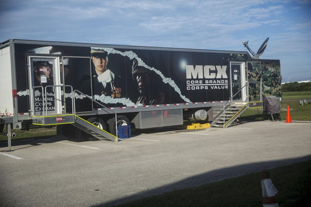 A Mobile Tactical Field Exchange was erected aboard Marine Corps Support Facility-Blount Island, Fla., for Marines and sailors with Combat Logistics Regiment 25 participating in a Marine Prepositioning Force Exercise Aug. 10–Sept. 9, 2015. The TFE provides service members with necessities such as food and water, as well as comforts like snacks and juice. (U.S. Marine Corps photo by Sgt. Shawn Valosin/Released)