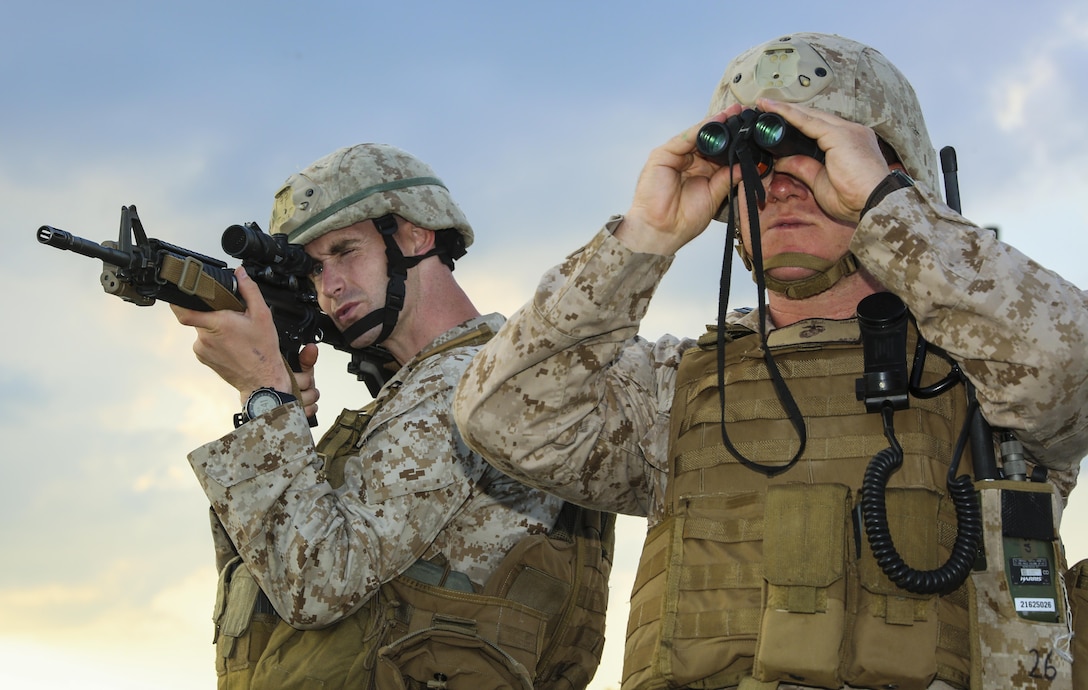 Marines with 2nd Air Naval Gunfire Liaison Company scan the area to locate enemy targets in order to provide joint tactical air control for Marine Unmanned Aerial Vehicle Squadron 2, Marine Fighter Attack Squadron 115, and Marine All-Weather Fighter Attack Squadron 533 aboard Camp Lejeune, N.C., Aug. 12, 2015. Marines with 2nd ANGLICO conduct exercises involving close air support at least once a month in order to maintain combat readiness and excellence. (U.S. Marine Corps photo by Pfc. Erick Galera/Released)