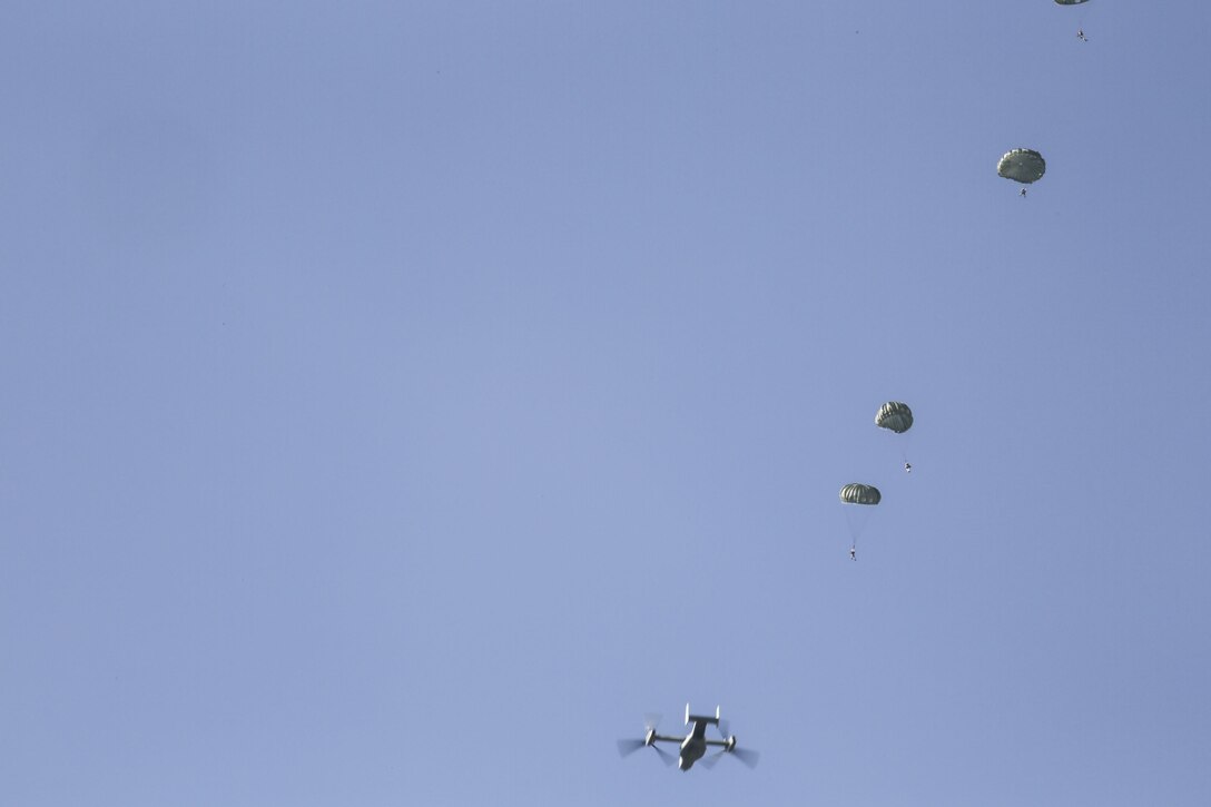 Marines with Air Delivery Platoon, 2nd Transportation Support Battalion, para-jumped out of an MV-22B Osprey during jump operations above drop zone Pheasant, aboard Camp Lejeune, N.C., Aug. 13, 2015. Marines put on a jump rig which consisted of a harness, a main chute and a reserve chute, and then conducted several visual inspections of their gear before jumping out of an Osprey for training. (U.S. Marine Corps photo by Lance Cpl. Aaron Fiala/Released)