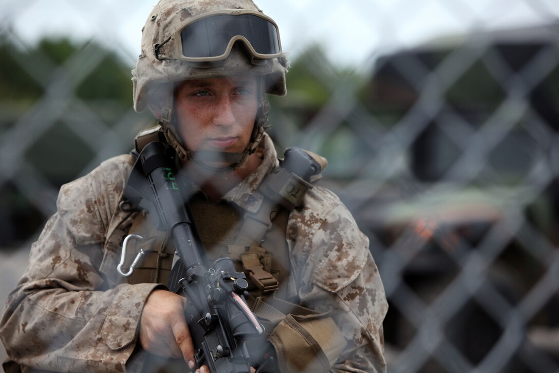 Lance Cpl. Jessie Stovicek stands post behind a chain-link fence during an airbase ground defense field operation at Marine Corps Auxiliary Landing Field Bogue, North Carolina, Aug. 19, 2015. Nearly 300 Marines with Marine Wing Support Squadron 271were involved in the field operation by providing security for ground operations during portrayed enemy attacks. Lark is an aircraft rescue and firefighting specialist with MWSS-271. Stovicek is a motor vehicle operator with MWSS-271.