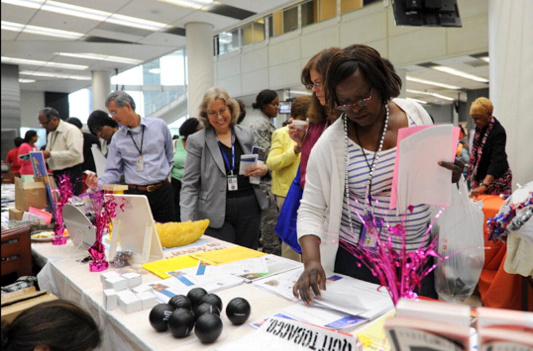 FORT BELVOIR, Va. (May 13, 2015) McNamara Headquarters Complex employees learn about taking charge of their personal fitness and well-being from a variety of health and fitness experts during the 10th annual Health and Safety Exposition, hosted by the Defense Logistics Agency's Installation Support Morale, Welfare Recreation Program. 