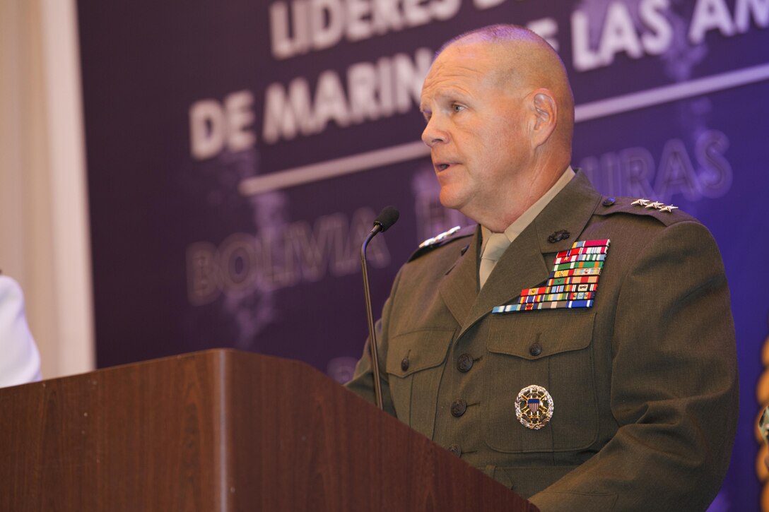 Lt. Gen. Robert B. Neller, commanding general of U.S. Marine Forces Command, represents the commandant of the United States Marine Corps during a press conference for the Marine Leaders of the Americas Conference 2015 in Cartagena, Colombia, Aug. 24, 2015. The conference provides a forum for regional and senior naval infantry leaders throughout the Western Hemisphere to discuss shared interests in humanitarian assistance and disaster relief matters and improve training programs among partner nations. (U.S. Marine Corps photo by Sgt. Alisa J. Helin/Released)