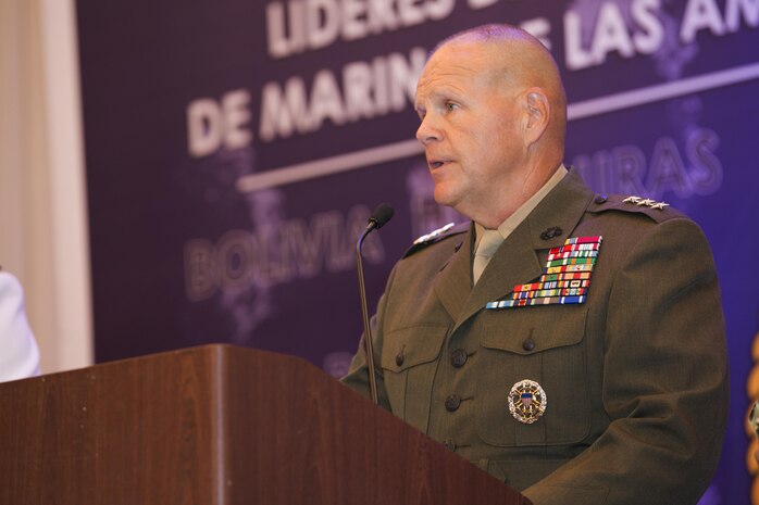 Lt. Gen. Robert B. Neller, commanding general of U.S. Marine Forces Command, represents the commandant of the United States Marine Corps during a press conference for the Marine Leaders of the Americas Conference 2015 in Cartagena, Colombia, Aug. 24, 2015. The conference provides a forum for regional and senior naval infantry leaders throughout the Western Hemisphere to discuss shared interests in humanitarian assistance and disaster relief matters and improve training programs among partner nations. (U.S. Marine Corps photo by Sgt. Alisa J. Helin/Released)