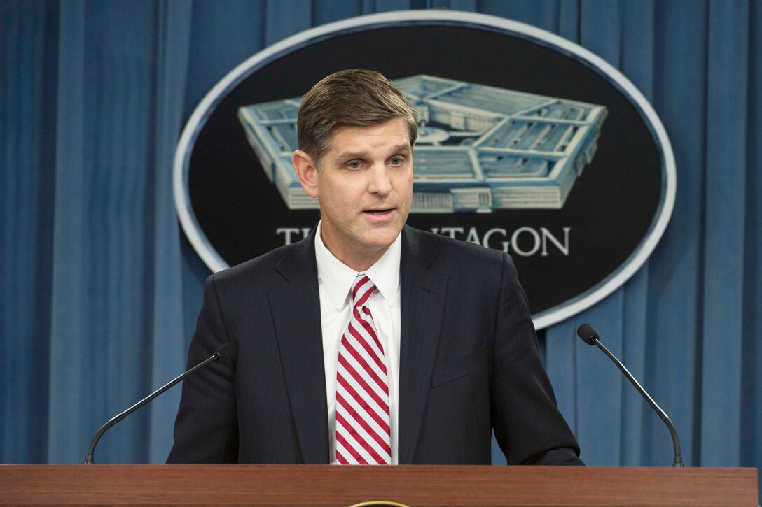 Pentagon Press Secretary Peter Cook conducts a news conference at the Pentagon, Aug. 25, 2015.