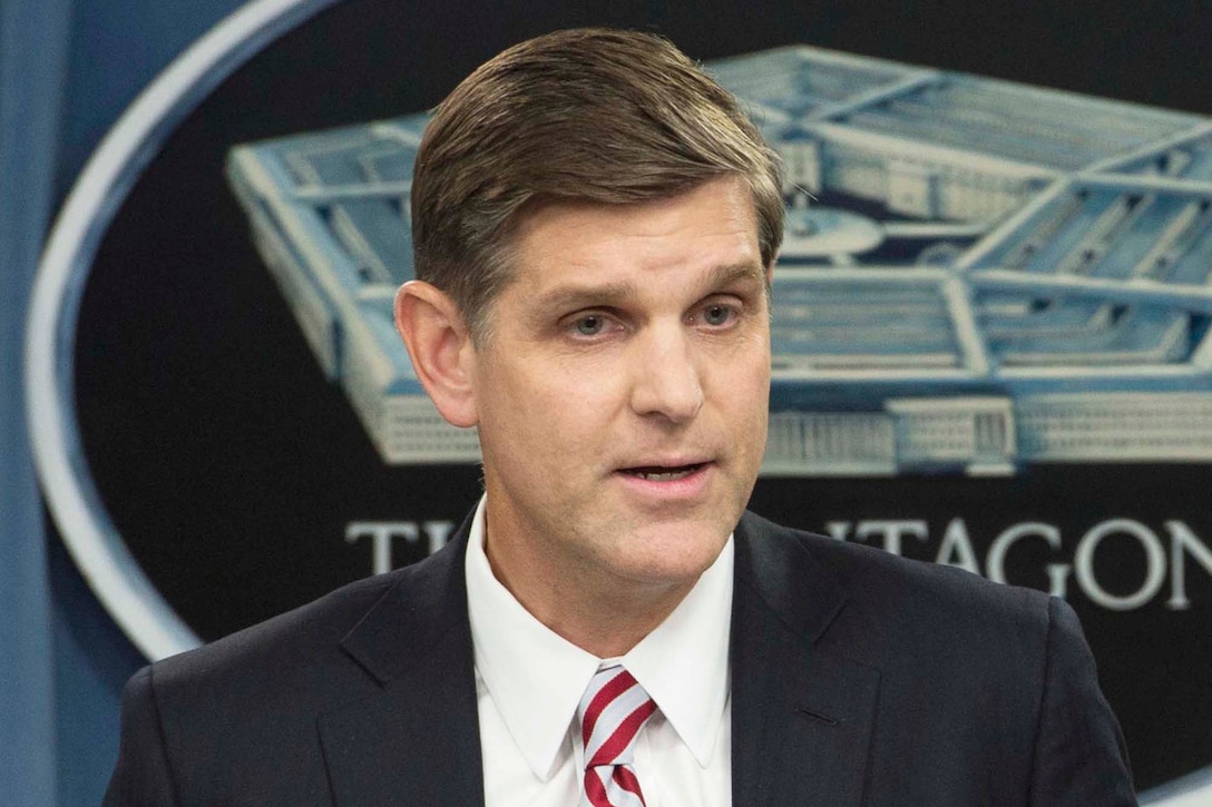 Pentagon Press Secretary Peter Cook conducts a news conference at the Pentagon, Aug. 25, 2015.