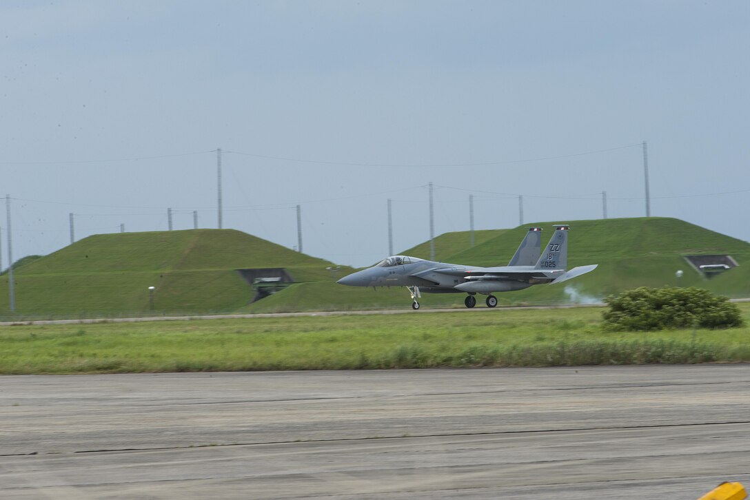 U.S. Air Force Lt. Col. Kevin Jamieson, 44th Fighter Squadron commander, lands at at Tsuiki Air Base, Japan, Aug. 21, 2015. The 44th came to Tsuiki to participate in a two week long Aviation Training Relocation with Japanese Air Self-Defense Force. (U.S. Air Force photo by Senior Airman Stephen G. Eigel)