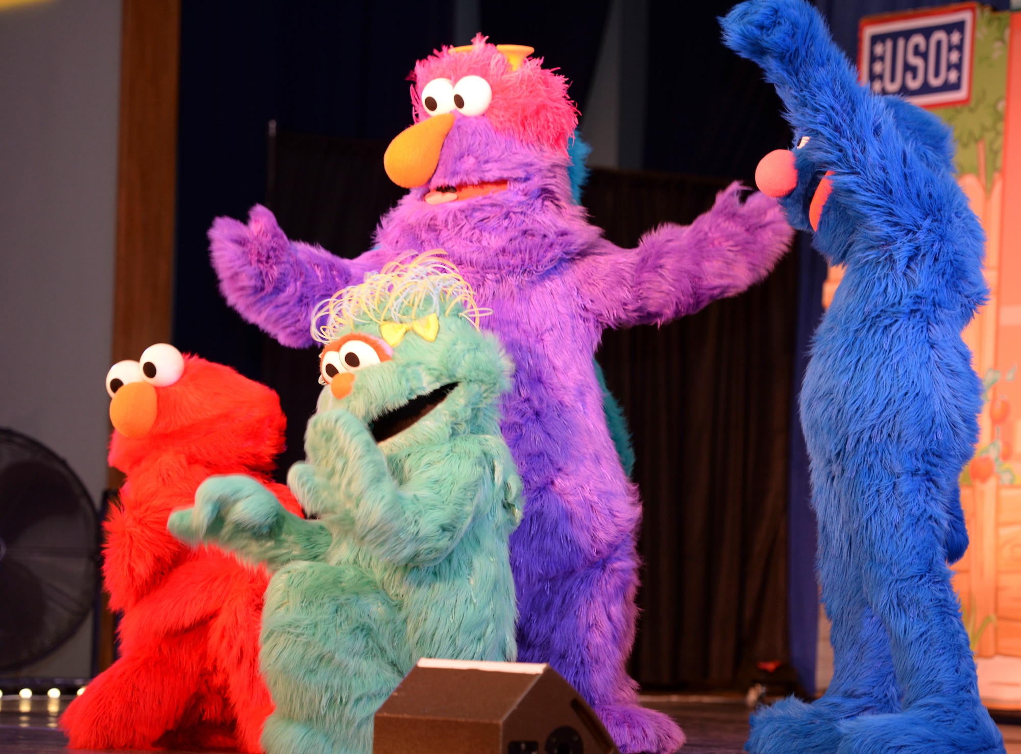 Muppets perform as part of the United Service Organization Sesame Street presentation at Yokota Air Base, Japan, Aug. 21, 2015. The tour, which began in 2008, supports morale at military bases all over the world. (U.S. Air Force photo by Airman 1st Class Elizabeth Baker/Released)