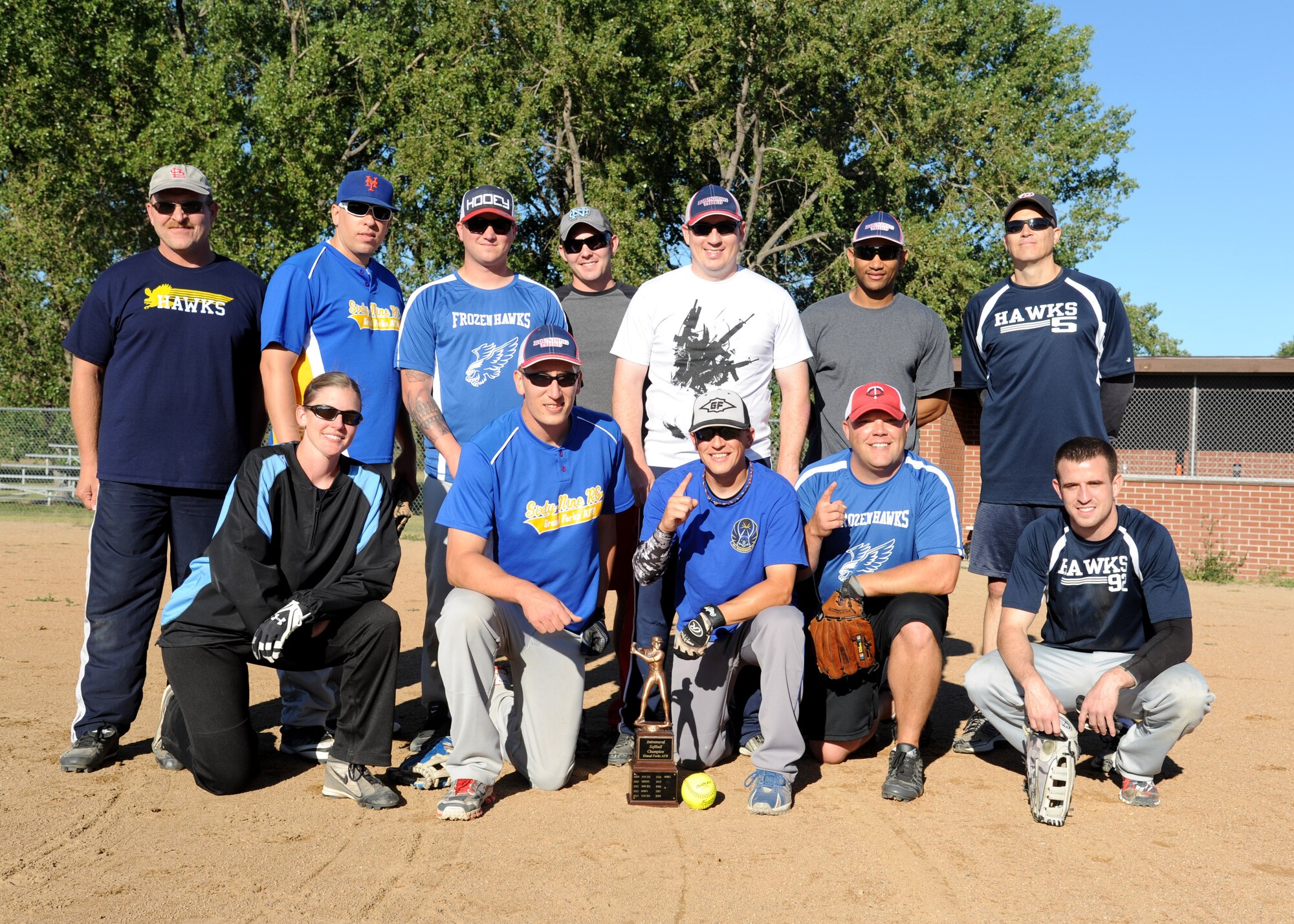 The 69th Reconnaissance Group intramural softball team poses with the championship trophy August 24, 2015, on Grand Forks Air Force Base, North Dakota. The team went nine and three during the regular season and won both of its playoff games to win the championship. (U.S. Air Force photo by Airman 1st Class Ryan Sparks/Released)