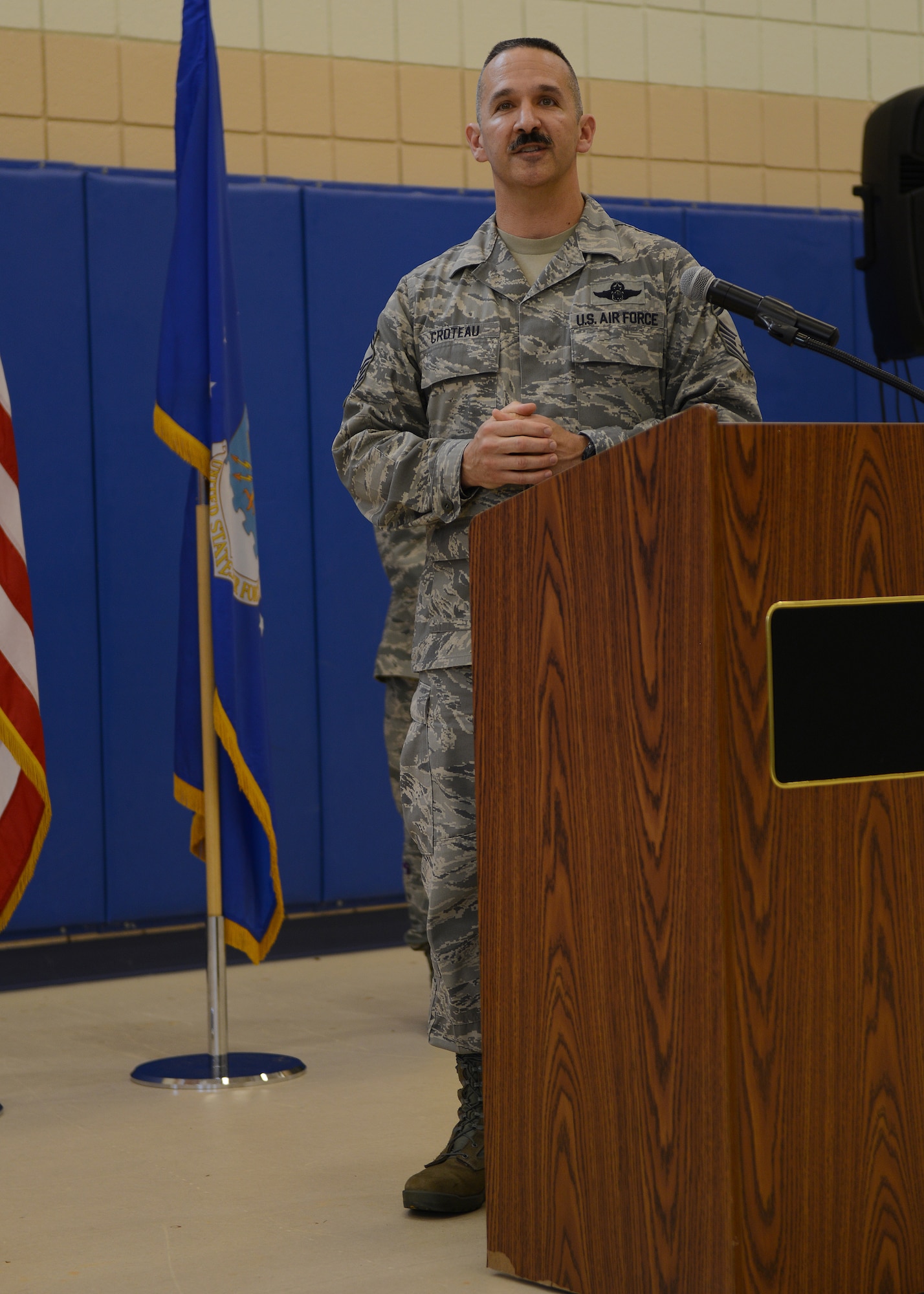 U.S. Air Force Chief Master Sgt. Arthur Croteau Jr. president of the Chief’s Club speaks to the Senior Airmen who made staff sergeant at the Staff Sergeant release party at Langley Air Force Base, Va., Aug. 20, 2015. Langley Air Force Base had 374 senior airmen make staff sergeant. (U.S. Air Force photo by Staff Sgt. John D. Strong II/ Released)