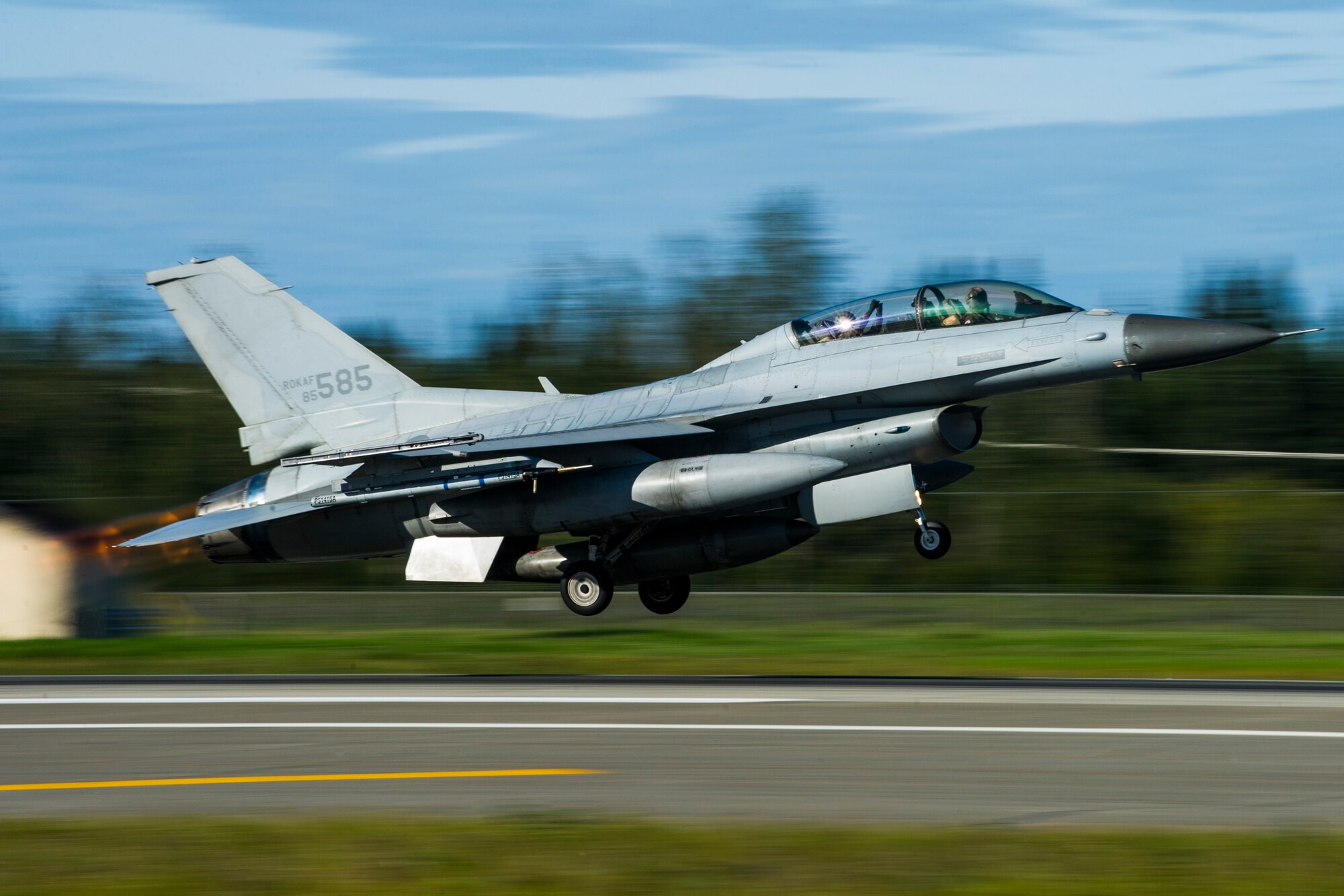 A Republic of Korea Air Force (ROKAF) F-16D Fighting Falcon takes off from Eielson Air Force Base, Alaska, Aug. 21, 2015, during RED FLAG-Alaska (RF-A) 15-3. ROKAF and Japan Air Self-Defense Force units deployed to Eielson along with assorted aircraft and support personnel from multiple service branches for RF-A, a series of Pacific Air Forces commander-directed field training exercise for U.S. and partner nation forces, providing combined offensive counter-air, interdiction, close air support, and large force employment training in a simulated combat environment. (U.S. Air Force photo by Staff Sgt. Joshua Turner/Released)