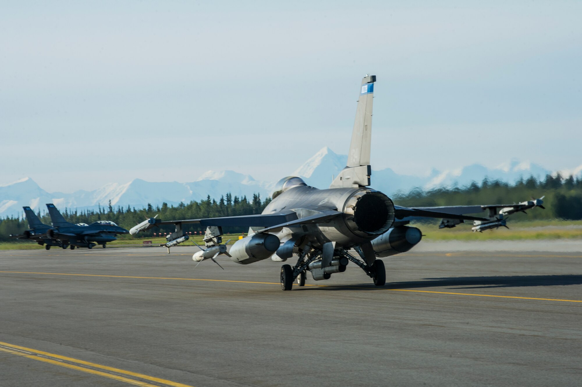 U.S. Air Force F-16 Fighting Falcons assigned to the Minnesota Air National Guard’s 148th Fighter Wing out of Duluth, Minn., taxi on the flightline at Eielson Air Force Base, Alaska, Aug. 21, 2015, during RED FLAG-Alaska (RF-A) 15-3. RF-A is a series of Pacific Air Forces commander-directed field training exercise for U.S. and partner nation forces, providing combined offensive counter-air, interdiction, close air support and large force employment training in a simulated combat environment. (U.S. Air Force photo by Staff Sgt. Joshua Turner/Released)
