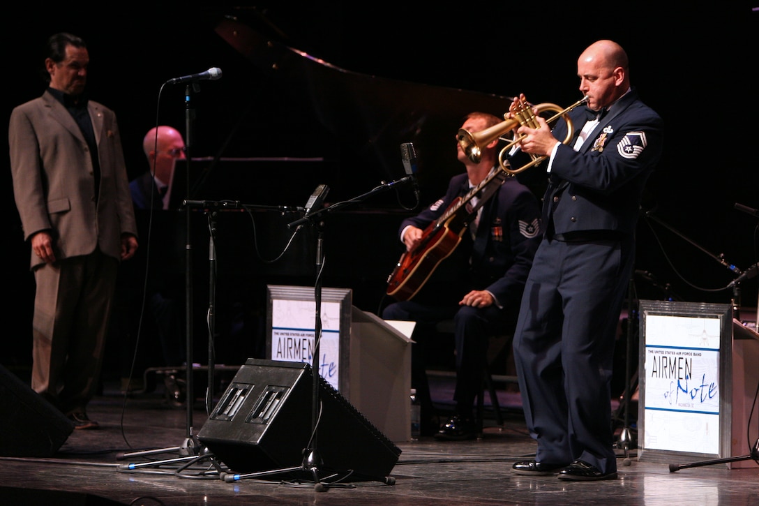 Senior Master Sgt. Tim Leahey, noncommissioned officer in charge of the
Airmen of Note, performs a solo during a recent concert. The Note will be on
tour in Pennsylvania Sept. 5-8, and one of the stops is Sgt. Leahey's
hometown. (U.S. Air Force photo/released)
