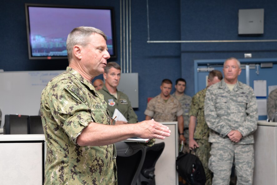 Adm. Bill Gortney, Commander, North American Aerospace Defense Command-U.S. Northern Command, makes a point during a visit to the 601st Air Operations Center Aug. 12. Along with a tour and meetings at the 601st AOC, the admiral also met with senior Air Forces Northern leadership and received briefings about the status of current issues. (U.S. Air Force photo released/Capt. Jared Scott)