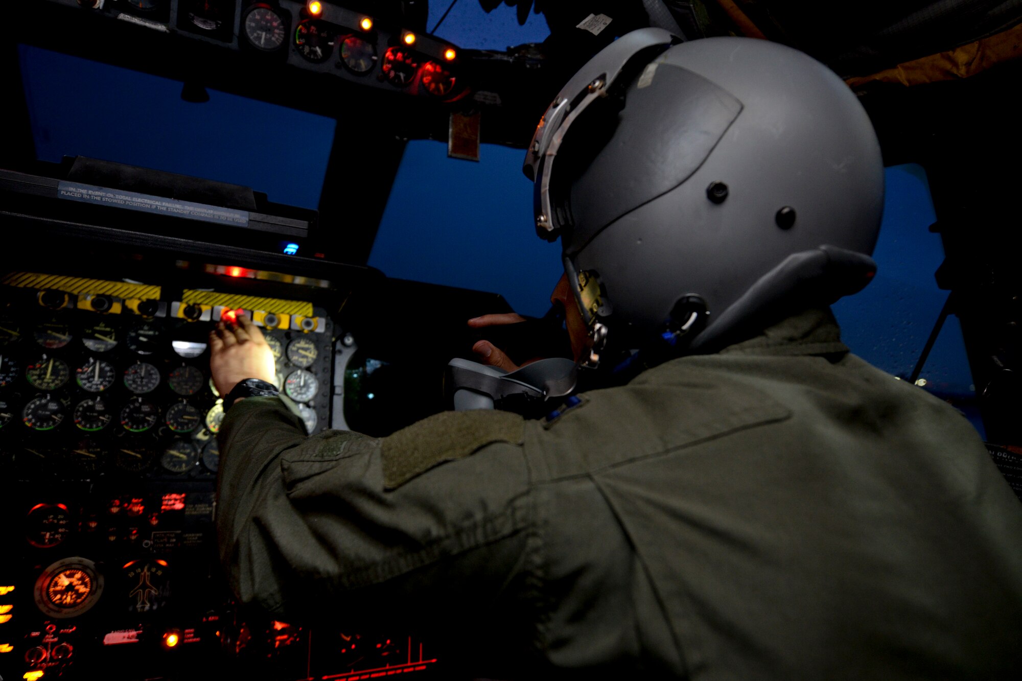 Capt. Cody Bias, U.S. Air Force B-52 Stratofortress copilot, 20th Expeditionary Bomb Squadron, performs preflight checks before takeoff Aug. 22, 2015, at Andersen Air Force Base, Guam. Bomber crews with the 20th EBS from Barksdale Air Force Base, Louisiana, are part of U.S. Pacific Command’s Continuous Bomber Presence and support ongoing operations in the Indo-Asia-Pacific region. (U.S. Air Force photo by Staff Sgt. Robert Hicks/ Released)