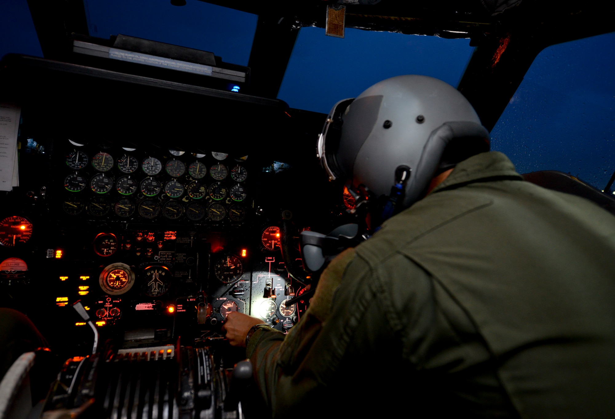 Capt. Cody Bias,  B-52 Stratofortress co-pilot, 20th Expeditionary Bomb Squadron, performs preflight checks before takeoff Aug. 22, 2015, at Andersen Air Force Base, Guam. Bomber crews with the 20th EBS from Barksdale Air Force Base, La., are part of U.S. Pacific Command’s Continuous Bomber Presence and support ongoing operations in the Indo-Asia-Pacific region. (U.S. Air Force photo by Staff Sgt. Robert Hicks/ Released)
