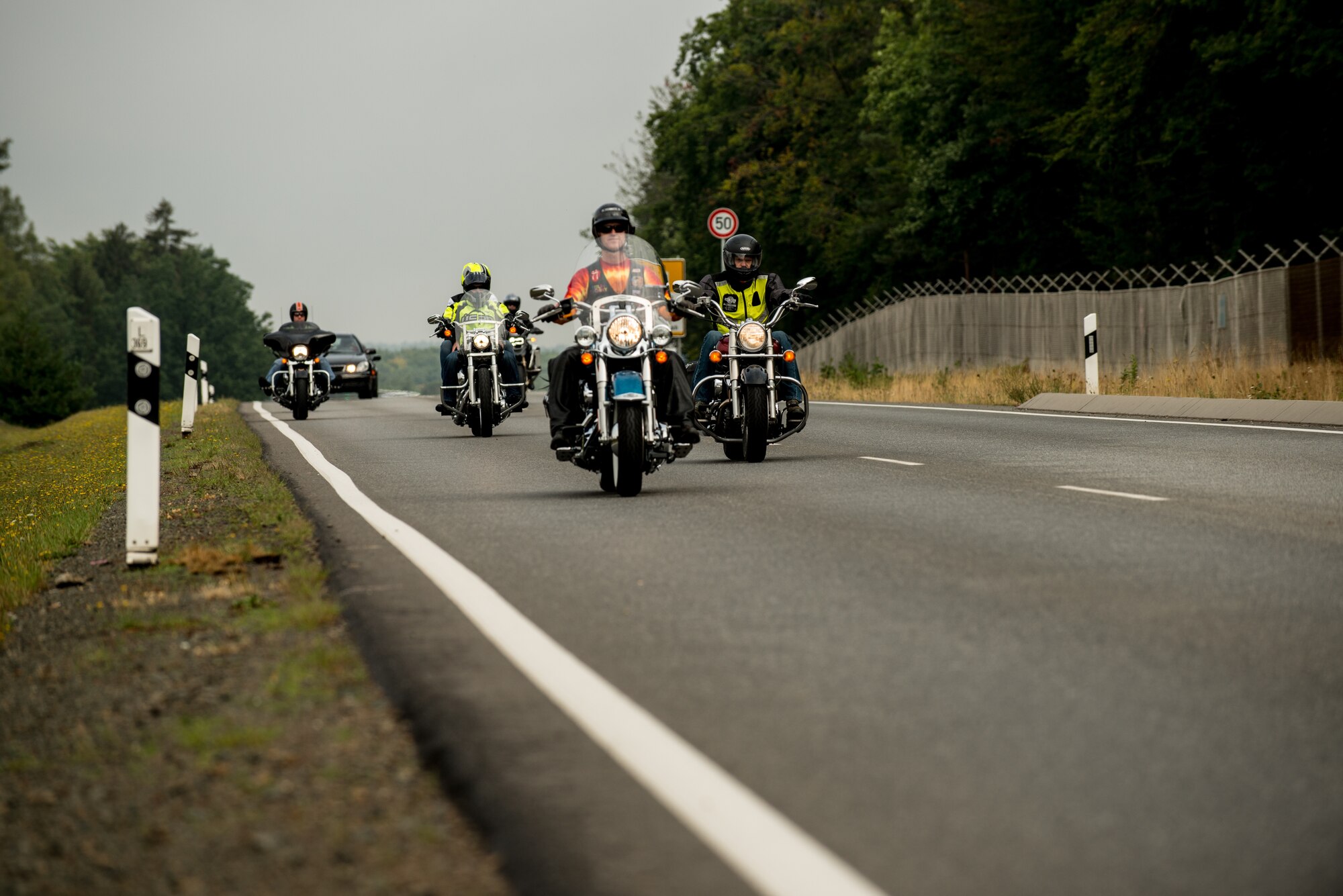 Airmen from the 435th Contingency Response Group gather for a motorcycle mentor ride Aug. 15, 2015, at Ramstein Air Base, Germany.  The annual ride is a way to both ensure safety procedures and use of proper personal protective equipment on or off base.  (U.S. Air Force photo/Senior Airman Nicole Sikorski)