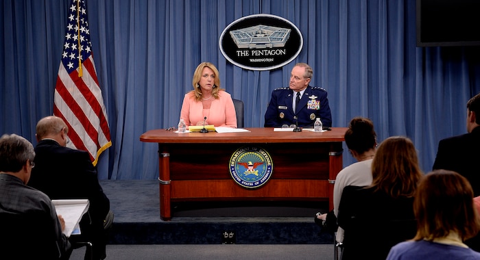 Secretary of the Air Force Deborah Lee James provides an update with Air Force Chief of Staff Gen. Mark A. Welsh III on current Air Force operations during a press briefing in the Pentagon, Aug. 24, 2015. (U.S. Air Force photo/Scott M. Ash)