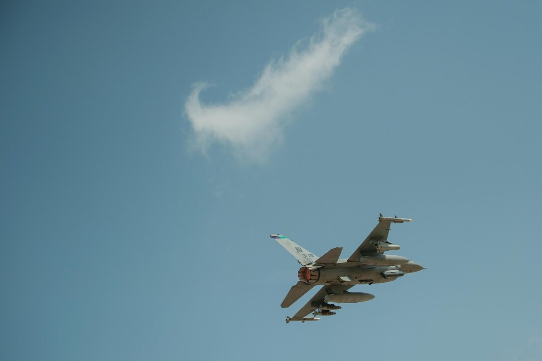 A U.S. Air Force F-16 Fighting Falcon aircraft assigned to the 555th Expeditionary Fighter Squadron takes off on a combat sortie from Bagram Airfield, Afghanistan, Aug 24, 2015. The F-16 is a multi-role fighter aircraft that is highly maneuverable and has proven itself in air-to-air and air-to-ground combat. (U.S. Air Force photo by Tech. Sgt. Joseph Swafford/Released)
