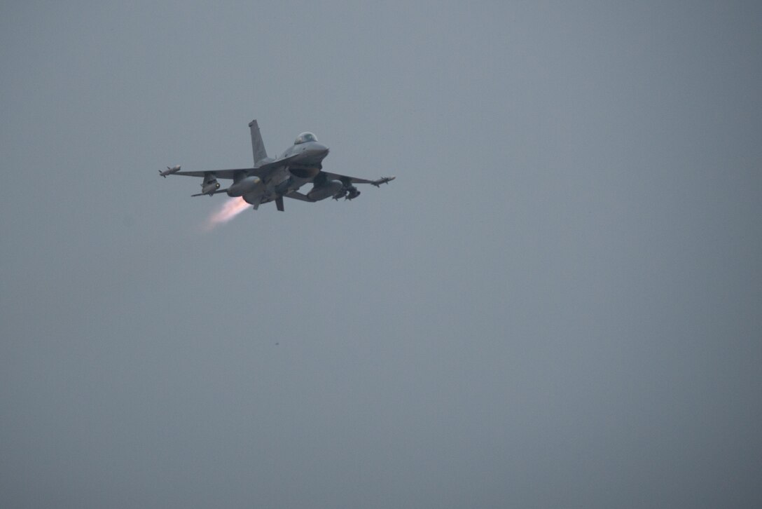 A U.S. Air Force F-16 Fighting Falcon aircraft assigned to the 555th Expeditionary Fighter Squadron takes off on a combat sortie from Bagram Airfield, Afghanistan, Aug 24, 2015. The F-16 is a multi-role fighter aircraft that is highly maneuverable and has proven itself in air-to-air and air-to-ground combat. (U.S. Air Force photo by Tech. Sgt. Joseph Swafford/Released)