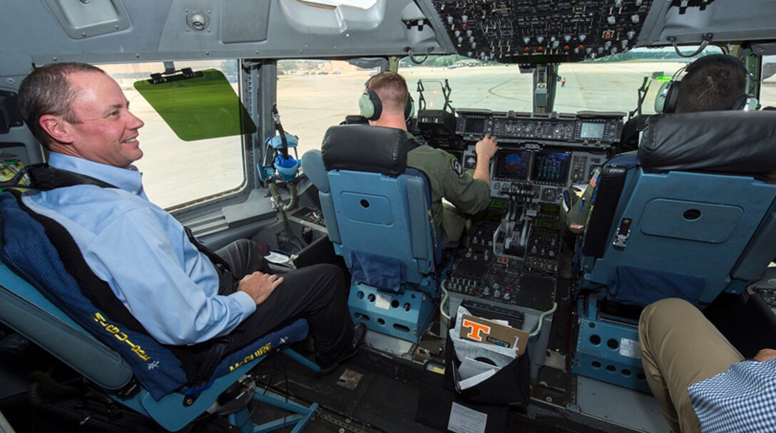 President and Chief Executive Officer of FedEx Trade Networks, Inc. Mr. James Muhs, Sr., gets a front row view of flight deck operations on an Air Force C-17 Globemaster III large military transport aircraft during the first leg of the week long Secretary of Defense Senior Leader Engagement Program. Muhs and nearly two dozen civilian professionals from across the United States started their journey in Washington, D.C. SLEP is an outgrowth of the Joint Civilian Orientation Conference, the oldest public liaison program in the DoD. Participants are guests of the Secretary of Defense and attend briefings by senior military and civilian officials at the Pentagon. The mission of the Senior Leader Engagement Program is to increase public understanding of national defense by enabling American business and community leaders to directly observe and engage with the U.S. military. The flight crew and aircraft are with the 305th Air Mobility Wing out of Joint Base Mcguire-Dix-Lakehurst, New Jersey. (U.S. Air Force photo/Jim Varhegyi)