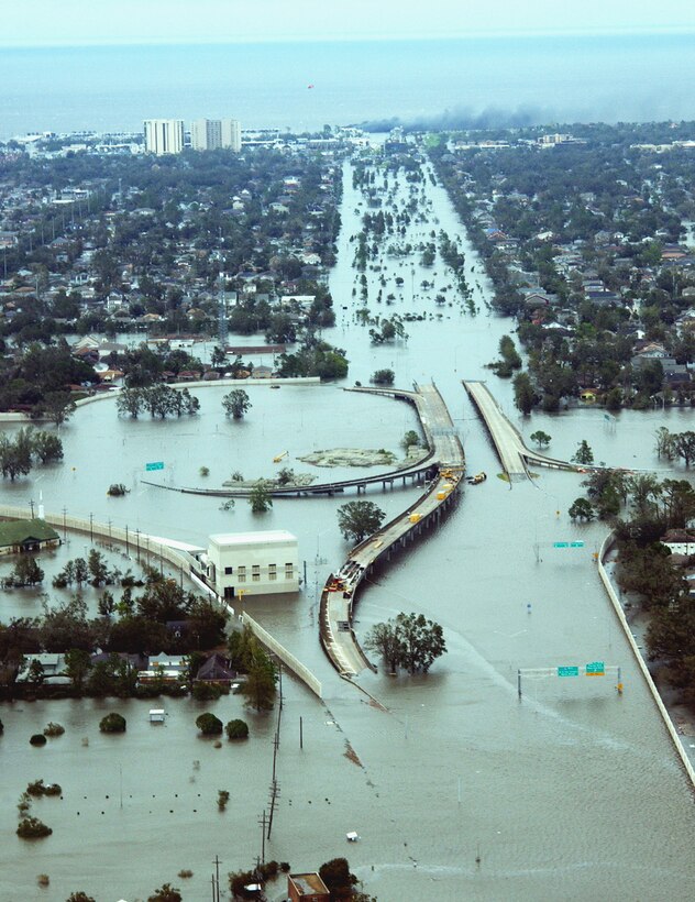 An aerial view shows flooded roadways as the Coast Guard flies over New Orleans, Aug. 29, 2005, to assess initial Hurricane Katrina damage. U.S. Coast Guard photo by Petty Officer 2nd Class Kyle Niemi