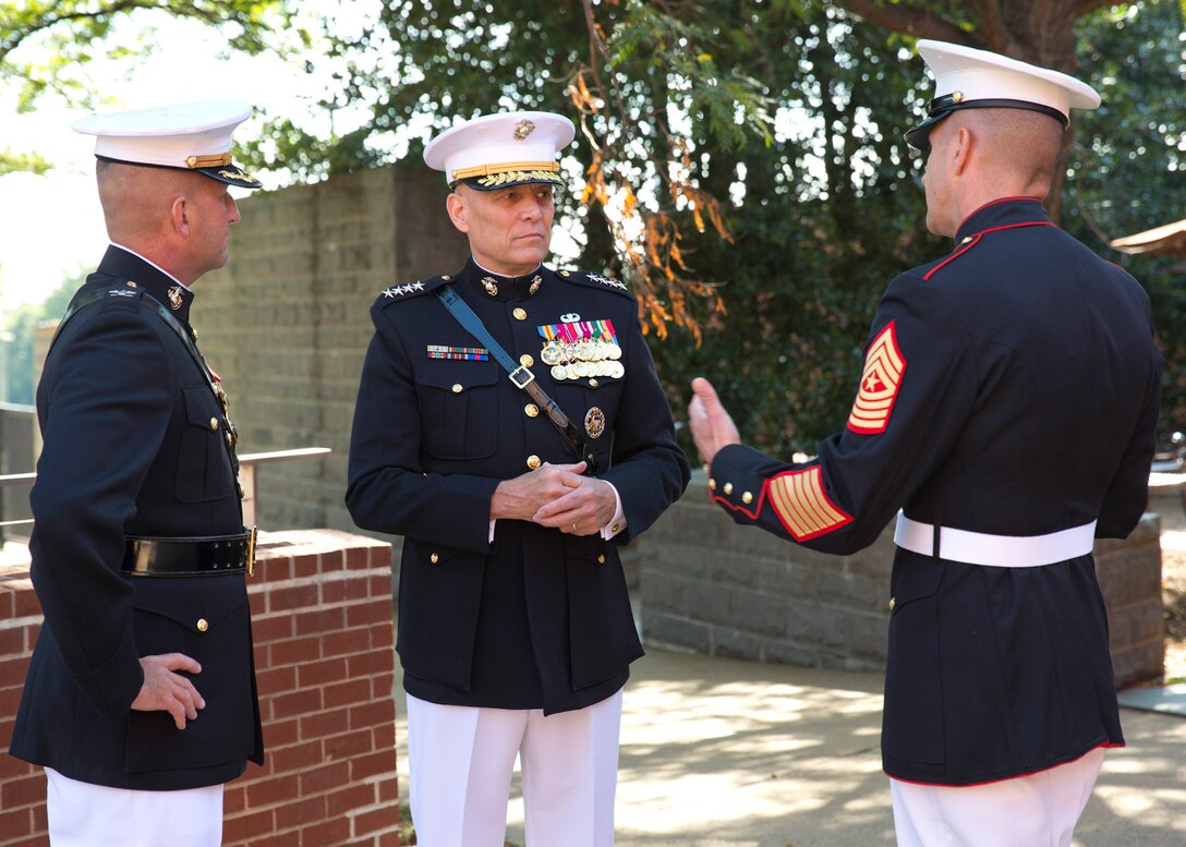 The Assistant Commandant of the U.S. Marine Corps, Gen. John M. Paxton, Jr., officiates a retirement ceremony in honor of Col. John M. Reed on Joint Base Myer-Henderson Hall, Aug. 25, 2015. (U.S. Marine Corps photo by Sgt. Tia Dufour/Released)