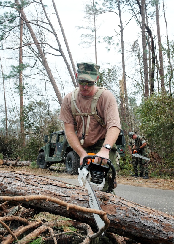 A Navy Seabee uses a chainsaw to remove fallen trees in Gulfport, Miss., Aug. 31, 2005. U.S. Navy photo by Petty Officer 3rd Class Ja'lon A. Rhinehart 
