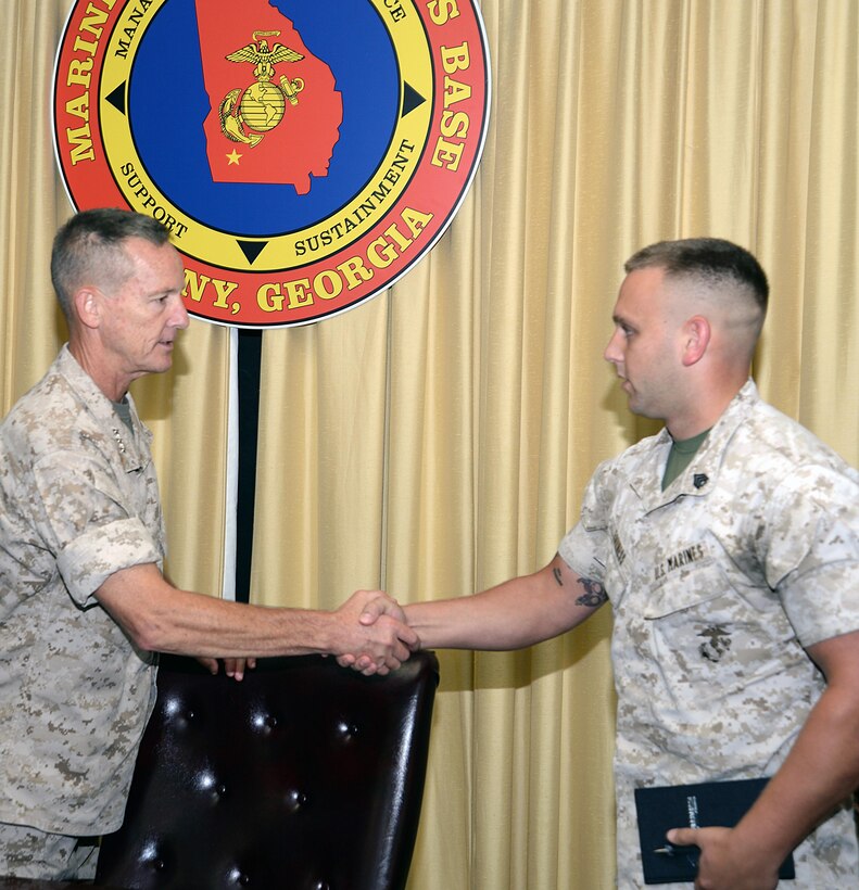 Lt. Gen. William M. Faulkner, deputy commandant, Installations and Logistics, Washington, D.C., visited Marine Corps Logistics Base Albany, Aug. 25, for a farewell tour. He also visited Marine Corps Logistics Command. During his visit with base officials and department directors, Faulkner recognized some key Marines and civilian-Marines for their efforts and encouraged the command to continue the great initiatives that have been established, specifically safety and energy achievements. He also highlighted the great partnerships and mutually beneficial relationships the installation shares with the Albany community as well as the Southwest Georgia region. Faulkner will retire soon from the Marine Corps and was appreciative of having the opportunity to visit the command one last time.