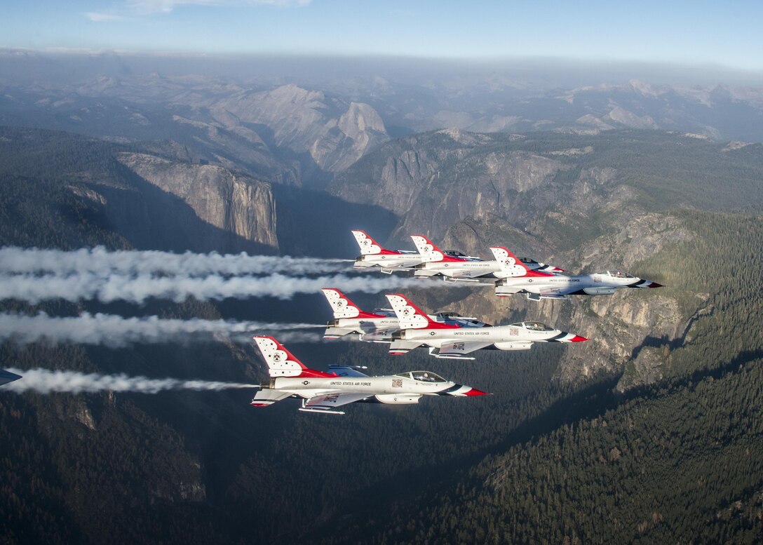 The Thunderbirds Delta Formation flies over Yosemite National Park while returning from Minden, Nev., Aug. 25, 2015. The Thunderbirds' mission is recruiting new Airmen, retain the current Airmen, and represent the nearly 40,000 Airmen deployed at any given time. 