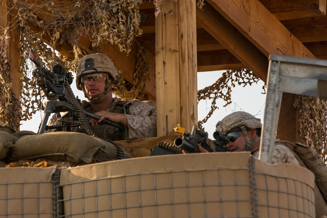 U.S. Marines with Company A, 1st Battalion, 7th Marine Regiment, provide perimeter of security while conducting security force operations as a part of Large Scale Exercise (LSE) at Marine Corps Air Ground Combat Center Twentynine Palms, Calif., Aug. 18, 2015. LSE is a joint forces exercise conducted at the brigade level designed to enable live, virtual, and constructive training for participating units and allows participating nations to strengthen partnerships and their ability to operate together. (U.S. Marine Corps photo by Lance Cpl. Clarence A. Leake/Released)