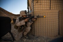 U.S. Marine Corps Lance Cpl. Steven Vella with Company A, 1st Battalion, 7th Marine Regiment, provides security while conducting security force operations as a part of Large Scale Exercise (LSE) at Marine Corps Air Ground Combat Center Twentynine Palms, Calif., Aug. 18, 2015. LSE is a joint forces exercise conducted at the brigade level designed to enable live, virtual, and constructive training for participating units and allows participating nations to strengthen partnerships and their ability to operate together. (U.S. Marine Corps photo by Lance Cpl. Clarence A. Leake/Released)