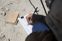 U.S. Marine Corps Cpl. Justen Petet, 81 mm mortar forward observer, Company C, 1st Battalion, 7th Marine Regiment, annotates grid coordinates while conducting fire integration support team (FiST) exercise as a part of Large Scale Exercise (LSE) at Marine Corps Air Ground Combat Center Twentynine Palms, Calif., Aug. 16, 2015. LSE is a joint forces exercise conducted at the brigade level designed to enable live, virtual, and constructive training for participating units and allows participating nations to strengthen partnerships and their ability to operate together. (U.S. Marine Corps photo by Lance Cpl. Clarence A. Leake/Released)