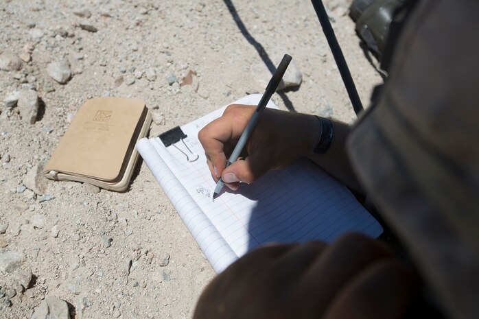 U.S. Marine Corps Cpl. Justen Petet, 81 mm mortar forward observer, Company C, 1st Battalion, 7th Marine Regiment, annotates grid coordinates while conducting fire integration support team (FiST) exercise as a part of Large Scale Exercise (LSE) at Marine Corps Air Ground Combat Center Twentynine Palms, Calif., Aug. 16, 2015. LSE is a joint forces exercise conducted at the brigade level designed to enable live, virtual, and constructive training for participating units and allows participating nations to strengthen partnerships and their ability to operate together. (U.S. Marine Corps photo by Lance Cpl. Clarence A. Leake/Released)