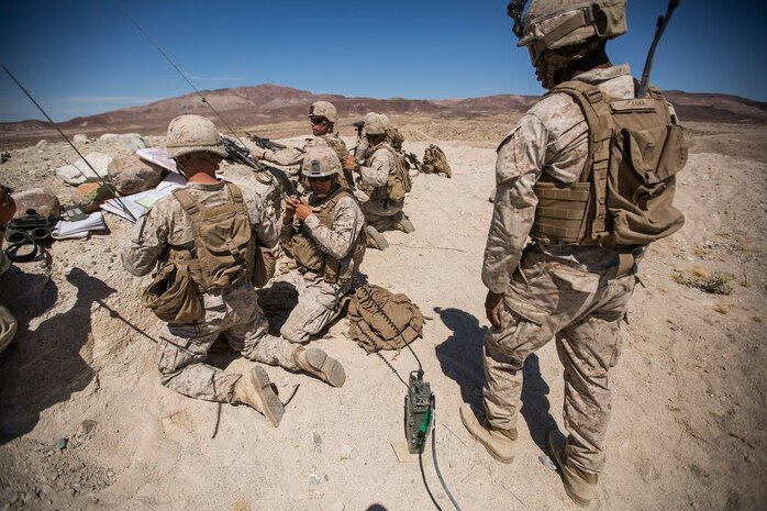 U.S. Marines with Company C, 1st Battalion, 7th Marine Regiment, conduct fire integration support team (FiST) exercise as a part of Large Scale Exercise (LSE) at Marine Corps Air Ground Combat Center Twentynine Palms, Calif., Aug. 16, 2015. LSE is a joint forces exercise conducted at the brigade level designed to enable live, virtual, and constructive training for participating units and allows participating nations to strengthen partnerships and their ability to operate together. (U.S. Marine Corps photo by Lance Cpl. Clarence A. Leake/Released)
