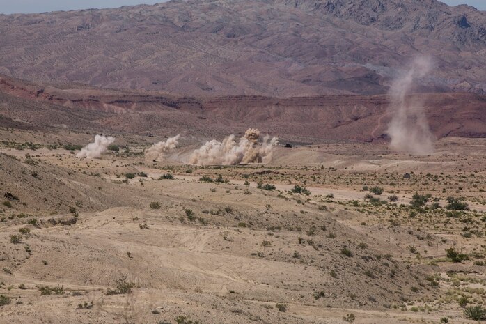 U.S. Marines with Company C, 1st Battalion, 7th Marine Regiment, conduct fire integration support team (FiST) exercise as a part of Large Scale Exercise (LSE) at Marine Corps Air Ground Combat Center Twentynine Palms, Calif., Aug. 16, 2015. LSE is a joint forces exercise conducted at the brigade level designed to enable live, virtual, and constructive training for participating units and allows participating nations to strengthen partnerships and their ability to operate together. (U.S. Marine Corps photo by Lance Cpl. Clarence A. Leake/Released)